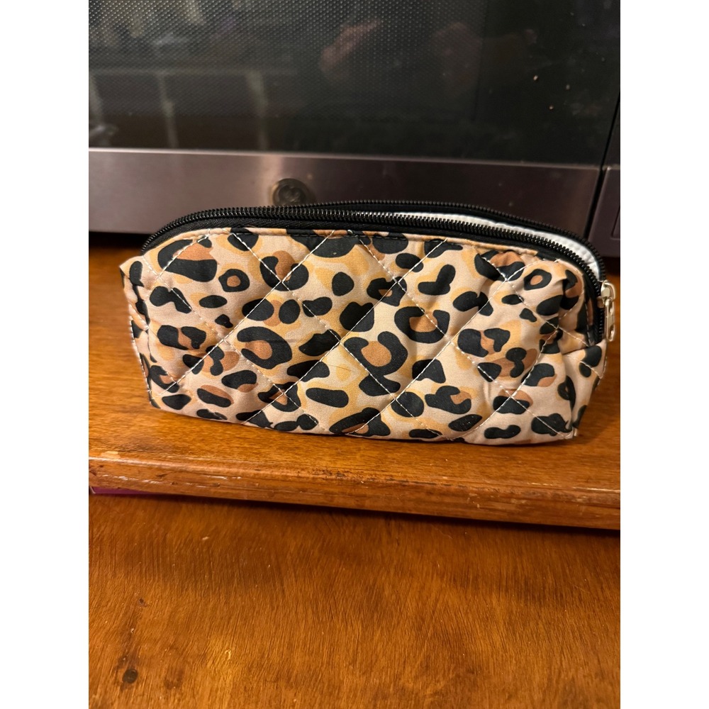 Quilted Leopard Print Cosmetic Bag Makeup Pouch Travel Organizer Animal Print